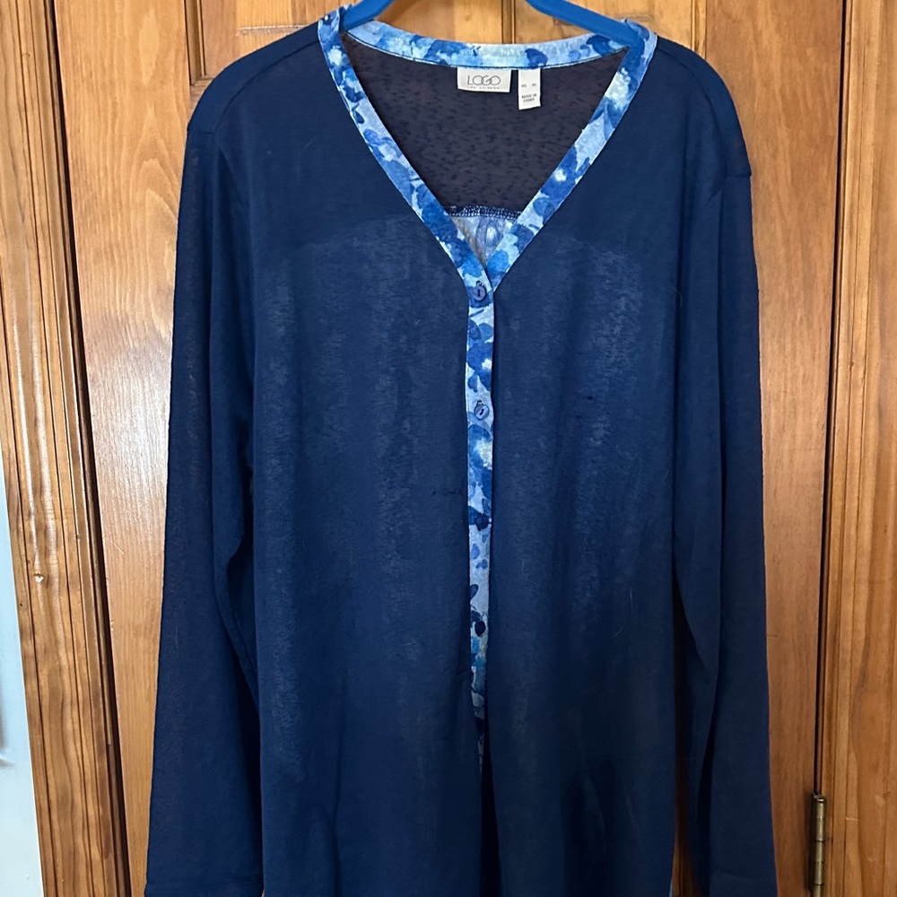 Blue Long Sleeve Cardigan with Patterned Trim